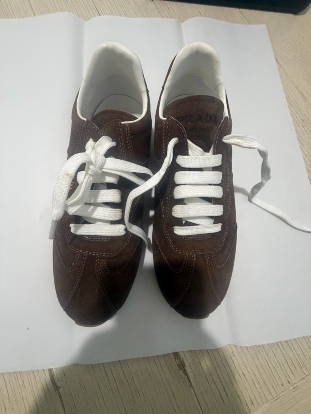 Prada Brown Suede women’s Sneakers with White Laces - Picture 10 of 13